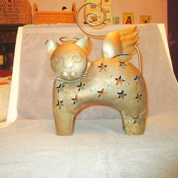 17" Metal ANGEL Fairy CAT Candle HOLDER Folk Art WINGS Fantasy STARS Sculpture - Picture 1 of 11